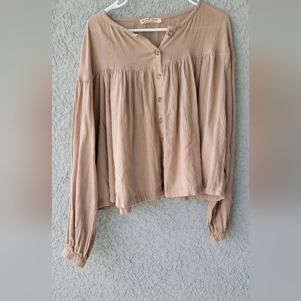 We The Free Oversized Taupe Button-Front Blouse - Picture 3 of 7